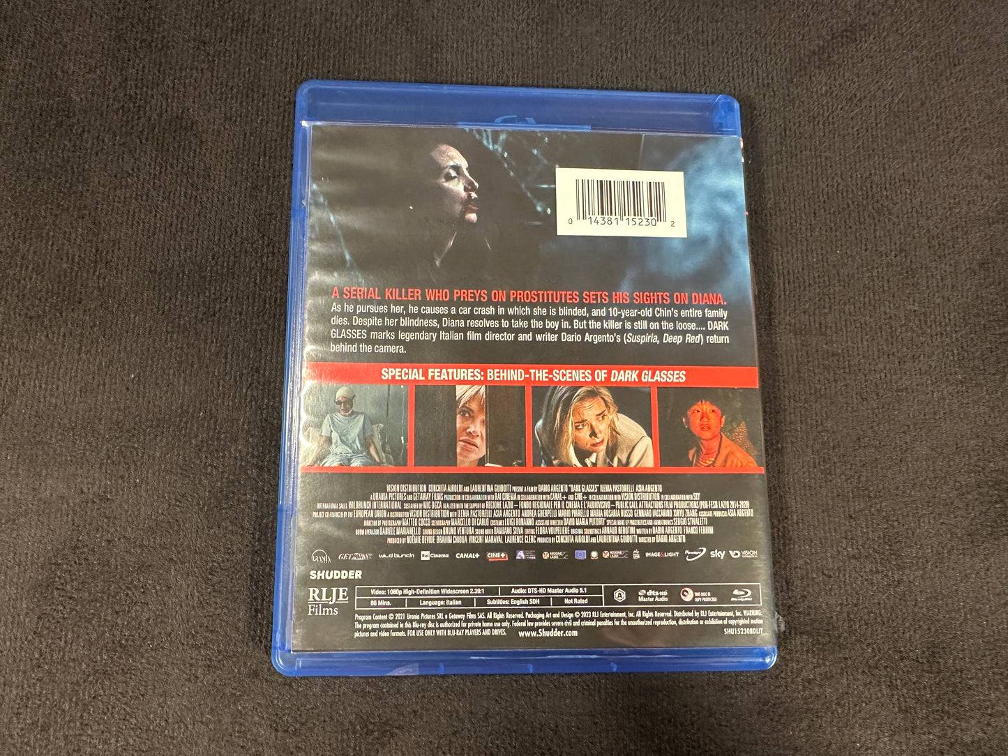 Dark Glasses (Blu ray, RLJE Films, Shutter Horror, Dario Argento Classic)