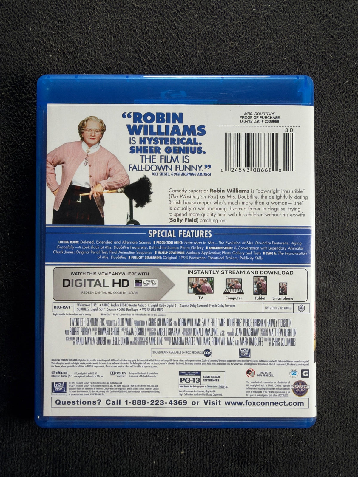 Mrs. Doubtfire (Blu-ray, 20th Century Fox, Robin Williams 90's Classic, No Dig)